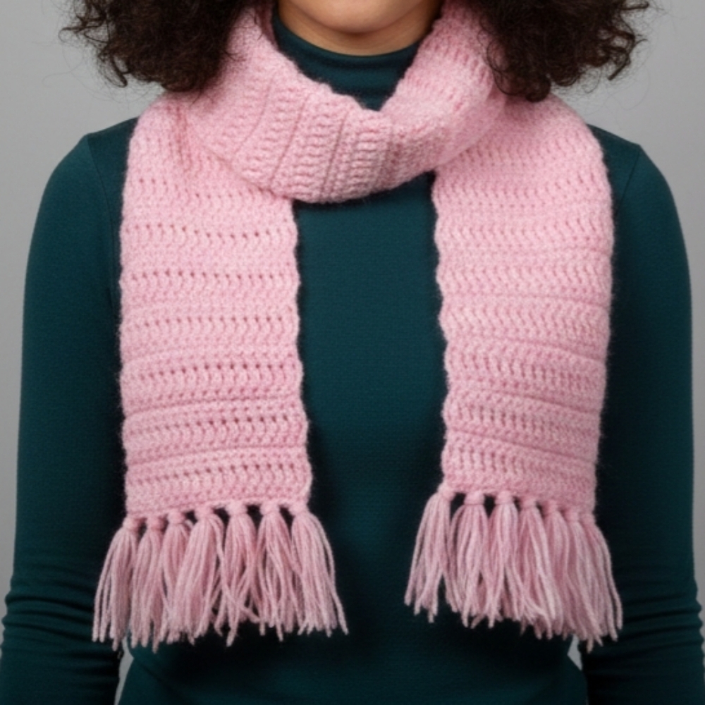 Pink Crochet Knit Scarf with Fringe Trim | Cozy Pastel Winter Wrap
